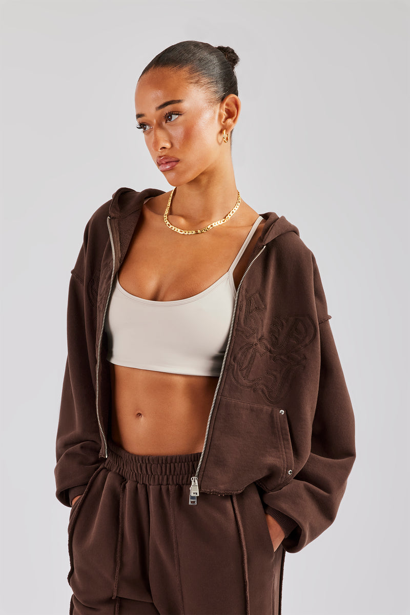 Raw Edge Zip Through Hoodie - Chocolate