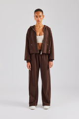 Raw Edge Zip Through Hoodie and Jogger Set - Chocolate