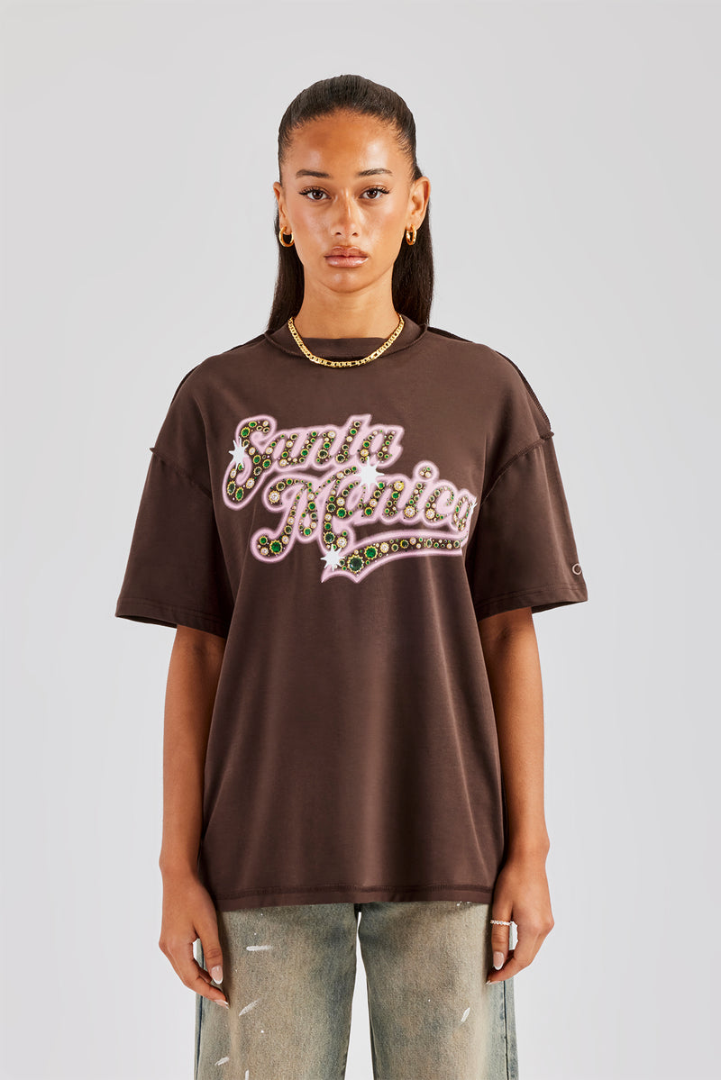 Santa Monica Rhinestone Oversized T-Shirt - Chocolate