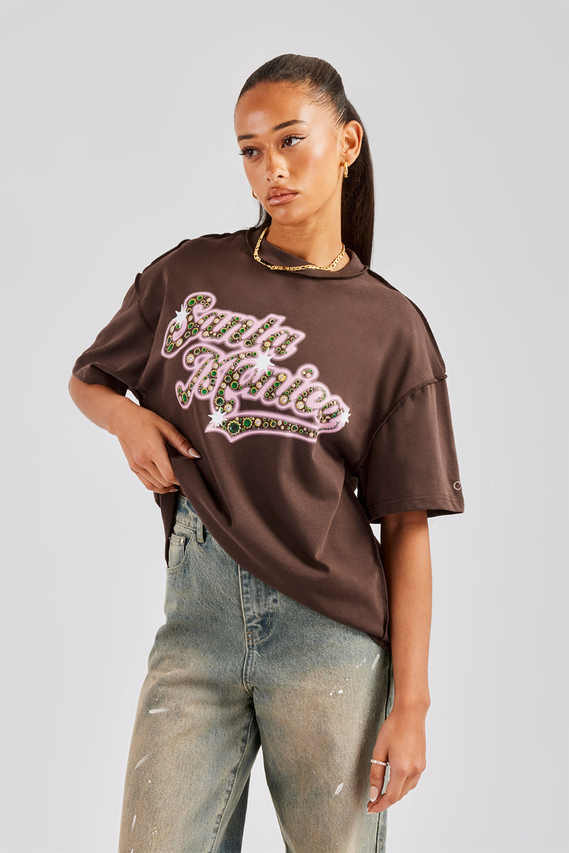 Santa Monica Rhinestone Oversized T-Shirt - Chocolate