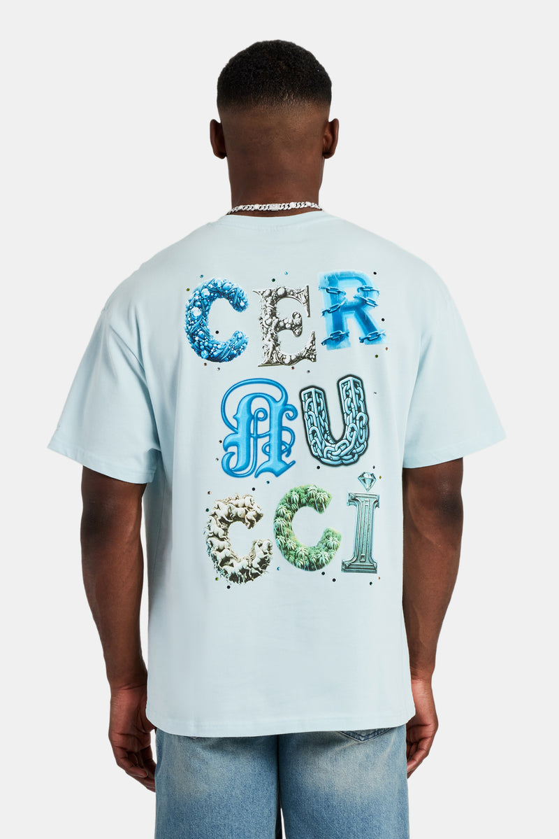 Cernucci Letter Rhinestone Oversized T-Shirt - Light Blue