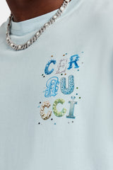 Cernucci Letter Rhinestone Oversized T-Shirt - Light Blue