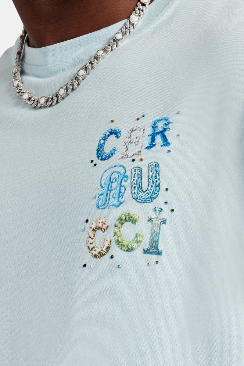 Cernucci Letter Rhinestone Oversized T-Shirt - Light Blue