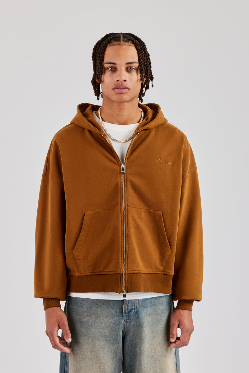 Jersey Zip Through Boxy Hoodie - Rust