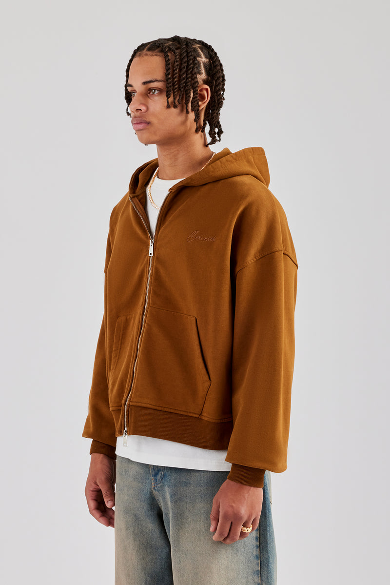 Jersey Zip Through Boxy Hoodie - Rust