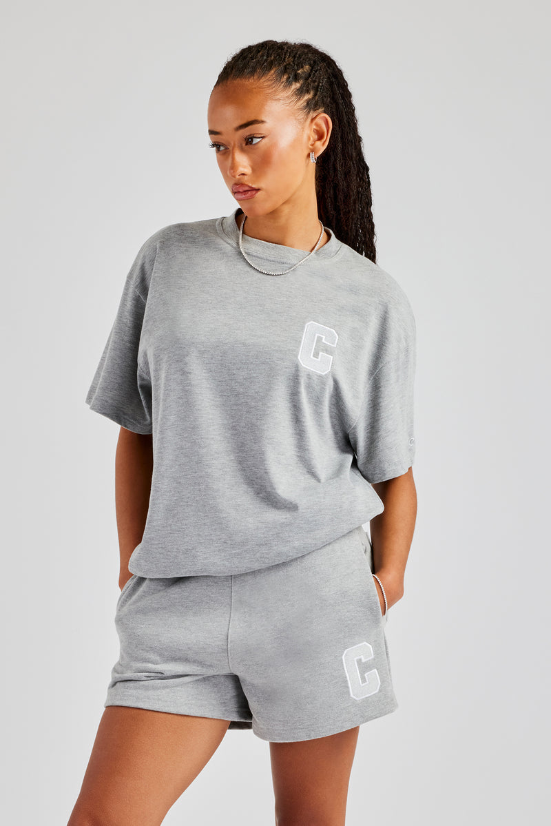 C Embroidered Oversized T-Shirt & Short Set - Grey Marl