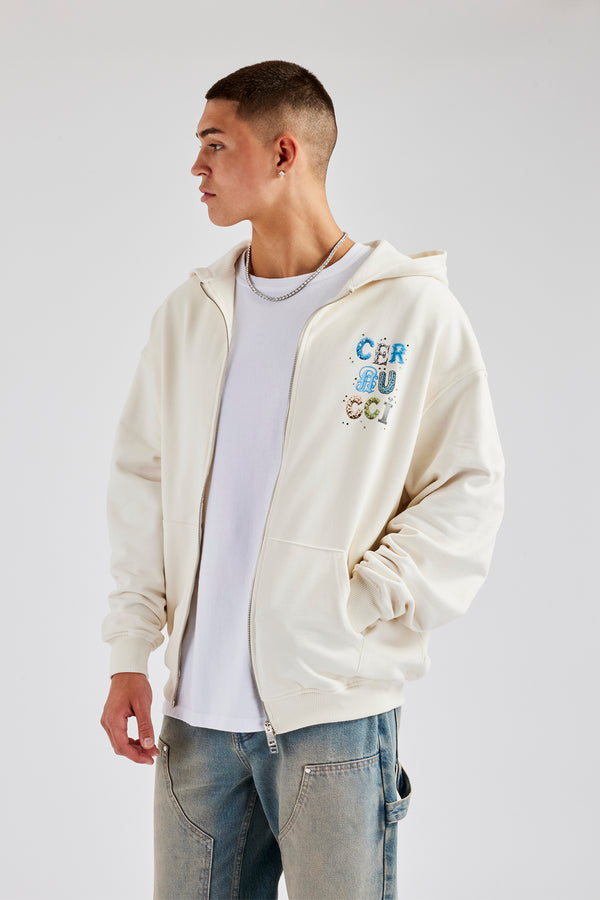 Cernucci Letter Rhinestone Zip Through Hoodie - Off White