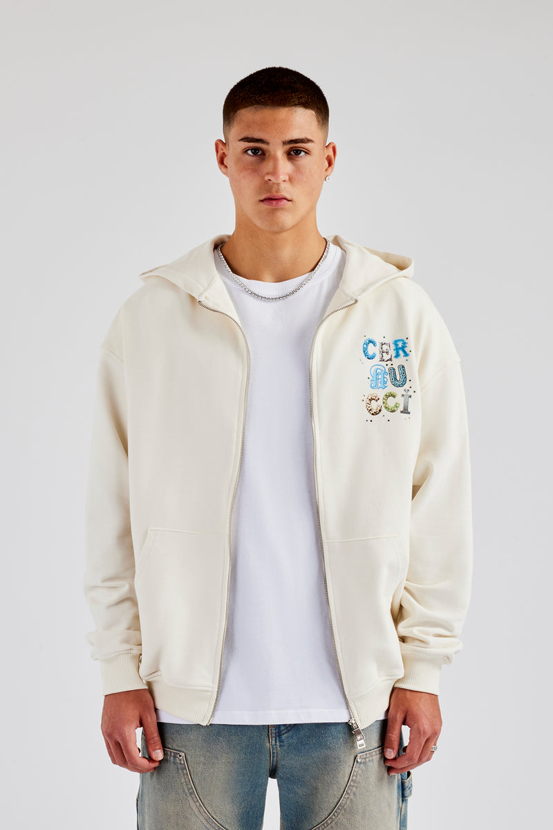 Cernucci Letter Rhinestone Zip Through Hoodie - Off White