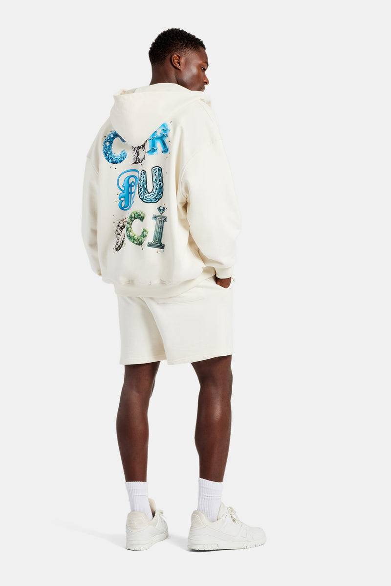 Cernucci Letter Rhinestone Zip Through Hoodie & Short Set - Off White