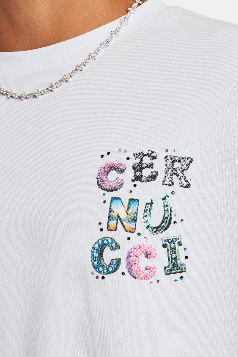 Cernucci Letter Rhinestone Oversized T-Shirt  - White