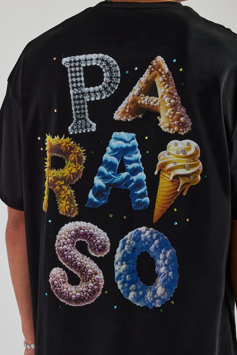 Paraiso Letter Rhinestone Oversized T-Shirt - Black