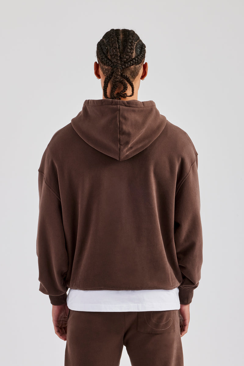 Carpenter Raw Edge Zip Through Hoodie - Chocolate