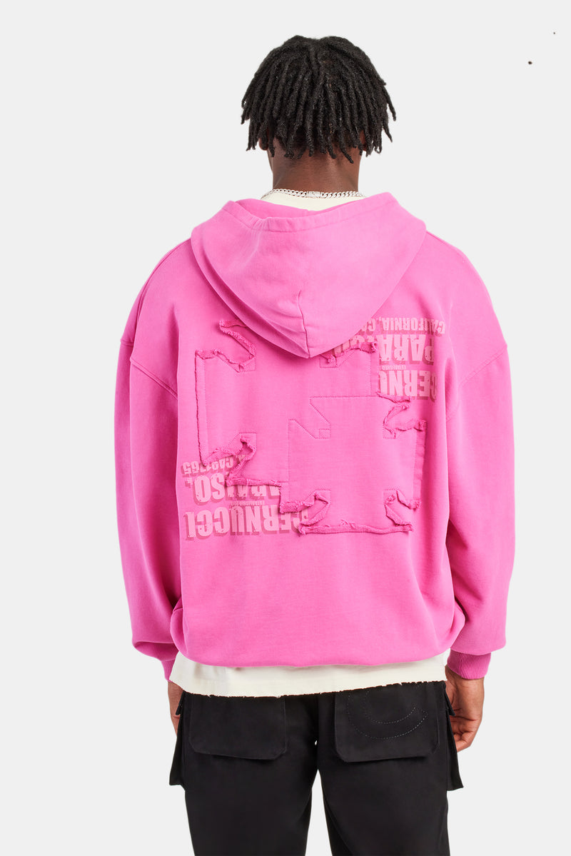 Printed Applique Zip Hoodie - Pink