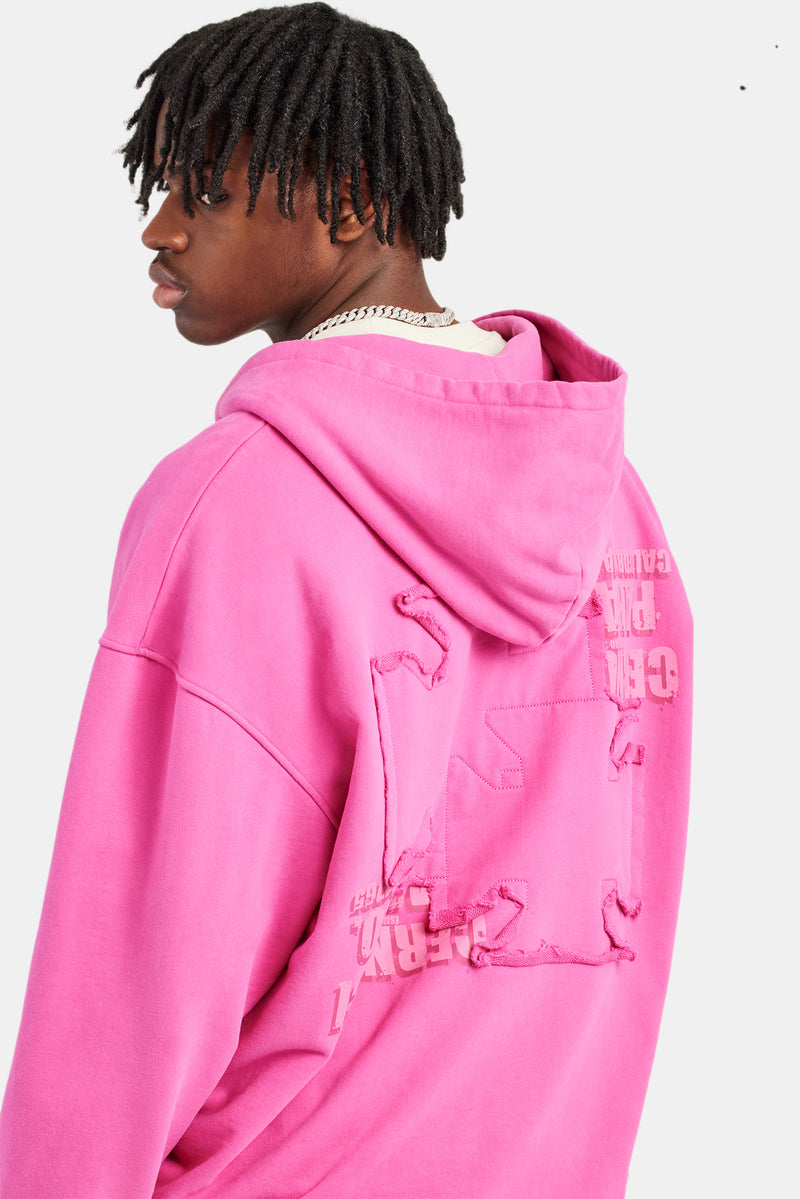 Printed Applique Zip Hoodie - Pink