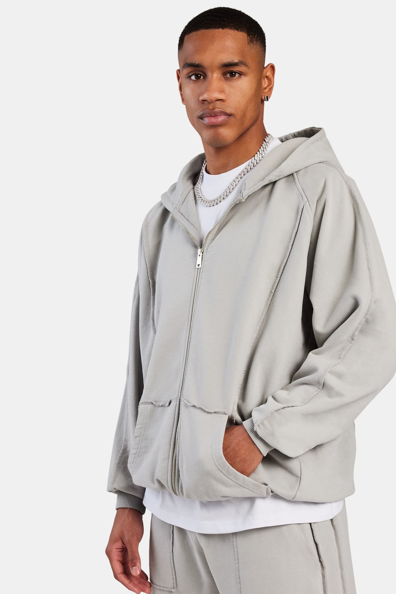 Raw Edge Zip Through Hoodie - Ash Grey | Mens Hoodies & Sweats | Shop ...