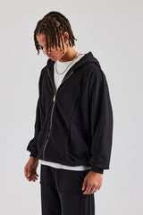 Exposed Seam Zip Through Hoodie - Black