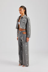 Rhinestone Motif Denim Jacket and Jean Set - Washed Grey