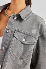 Rhinestone Motif Denim Jacket and Jean Set - Washed Grey