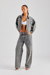 Rhinestone Motif Relaxed Denim Jacket - Washed Grey