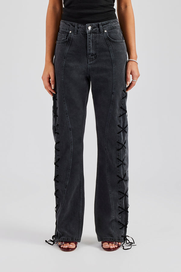 Lace Up Detail Relaxed Denim Jean - Washed Black