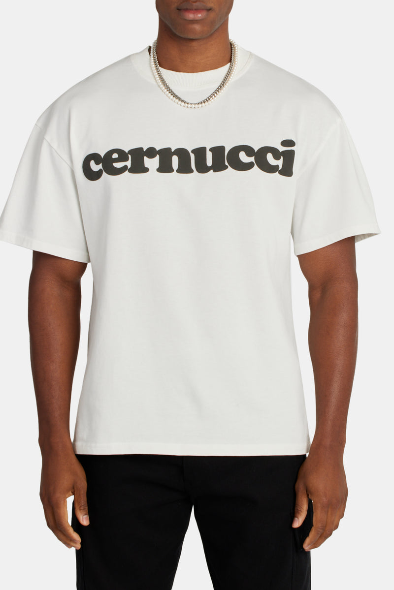 Boxy Cernucci Logo Puff Print T-Shirt - Ecru