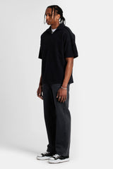 Short Sleeve Exposed Seam Collared Sweatshirt - Black