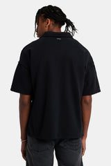 Short Sleeve Exposed Seam Collared Sweatshirt - Black