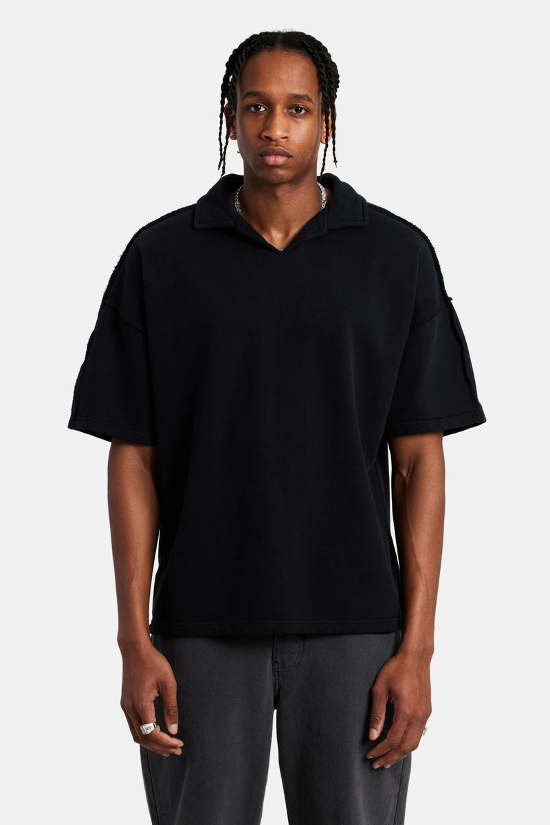 Short Sleeve Exposed Seam Collared Sweatshirt - Black