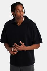 Short Sleeve Exposed Seam Collared Sweatshirt - Black