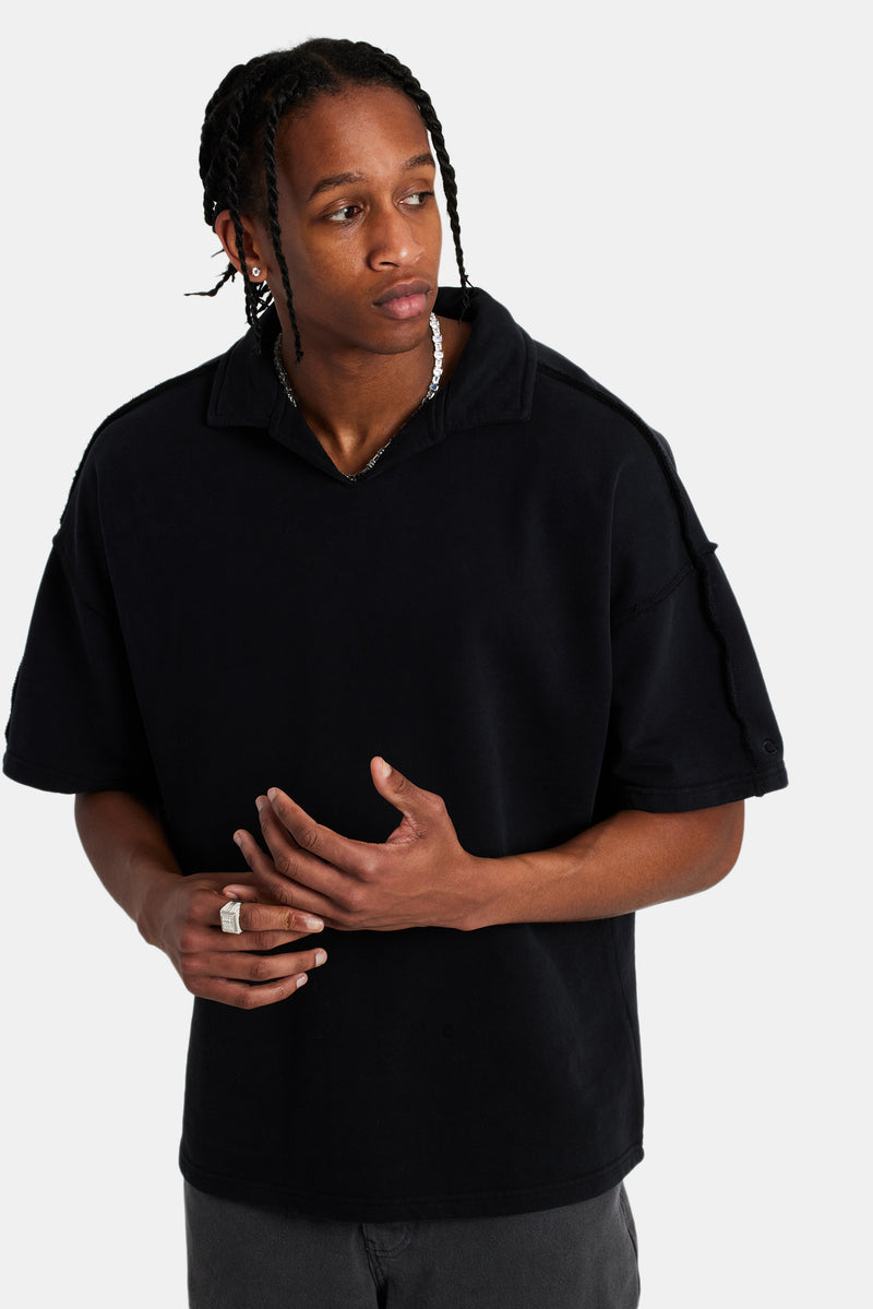 Short Sleeve Exposed Seam Collared Sweatshirt - Black