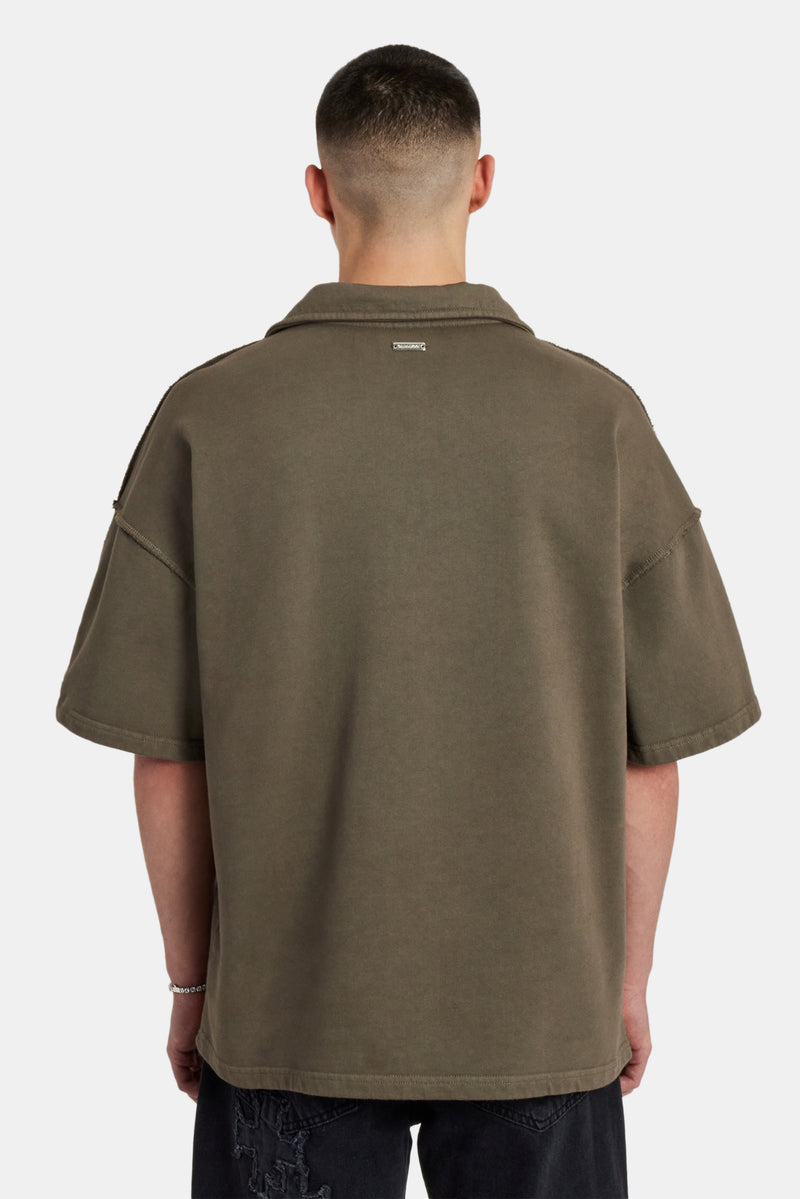 Short Sleeve Exposed Seam Collared Sweatshirt - Washed Green