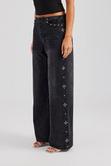 Stud Detail Baggy Jean - Washed Black