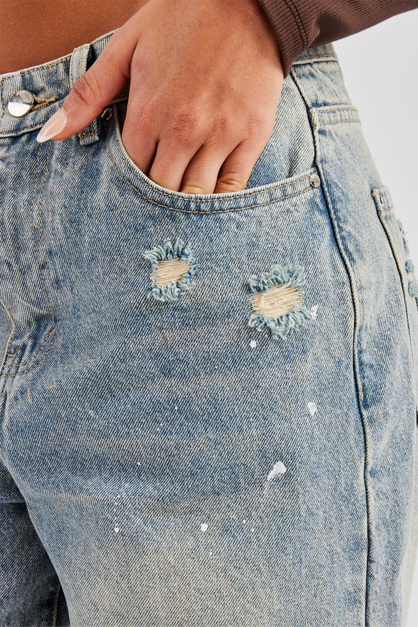 Distressed Paint Splatter Baggy Jean - Antique Wash