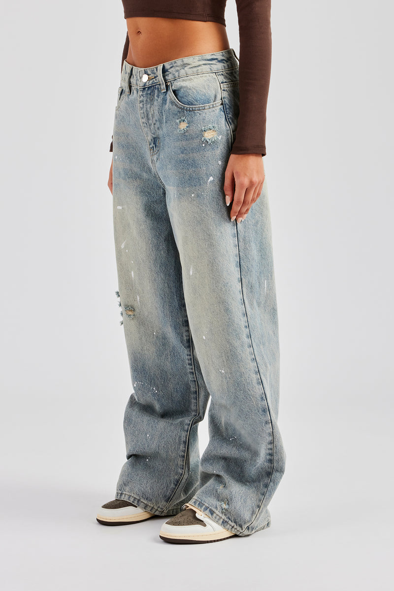 Distressed Paint Splatter Baggy Jean - Antique Wash