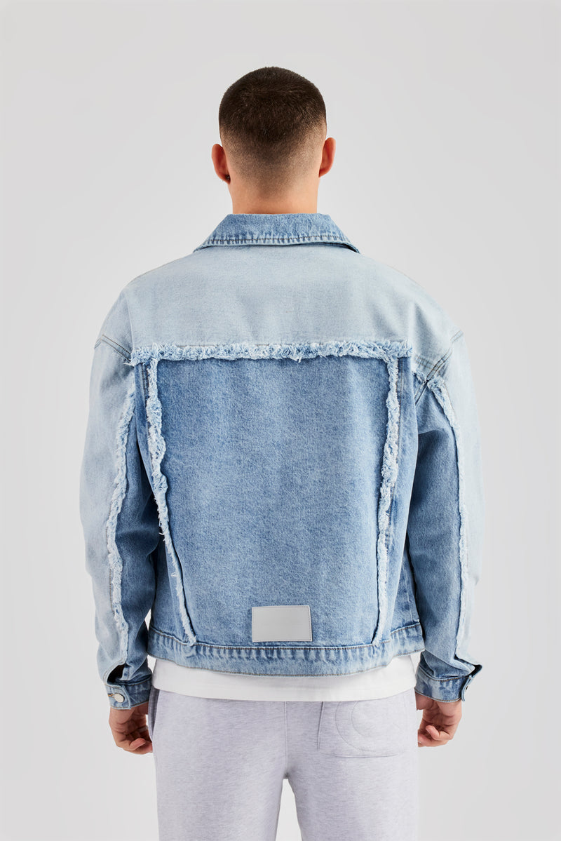 Two Tone Distressed Denim Jacket- Light Blue