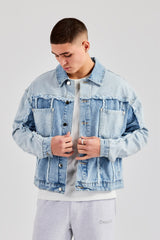 Two Tone Distressed Denim Jacket- Light Blue