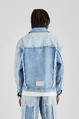 Two Tone Distressed Denim Jacket- Light Blue