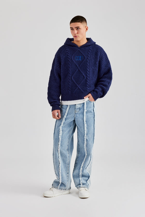 Boxy Cable Knit Embroidered Hoodie - Navy