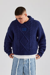 Boxy Cable Knit Embroidered Hoodie - Navy