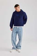 Boxy Cable Knit Embroidered Hoodie - Navy