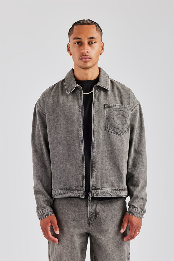 Washed Denim Harrington Jacket - Washed Grey