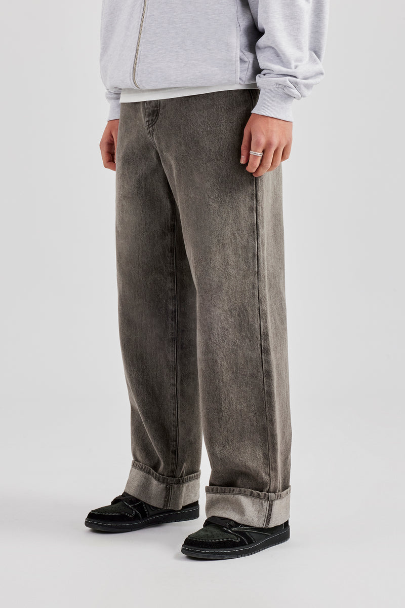 Washed Turn Up Baggy Jean - Washed Grey