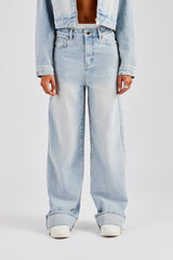 Waistband Turn Up Baggy Jean - Ice Blue