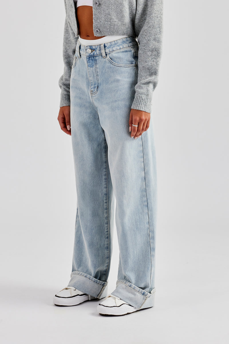 Waistband Turn Up Baggy Jean - Ice Blue