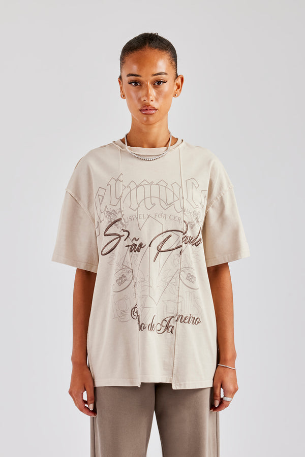 Oversized Spliced Graphic T-Shirt - Taupe