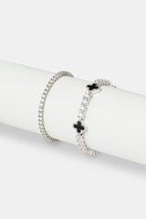 5mm Black Motif Tennis Bracelet & 3mm Tennis Bracelet - White