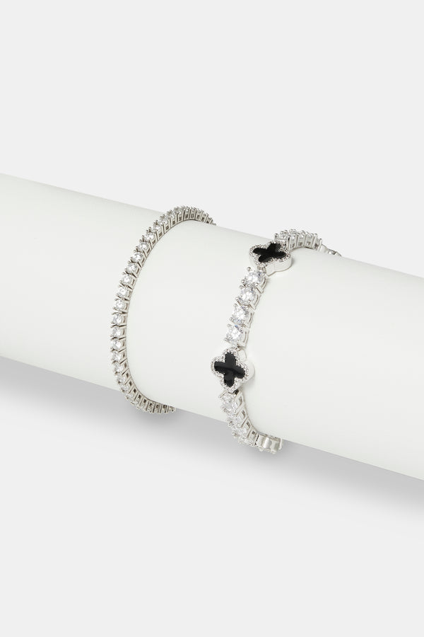 5mm Black Motif Tennis Bracelet & 3mm Tennis Bracelet - White