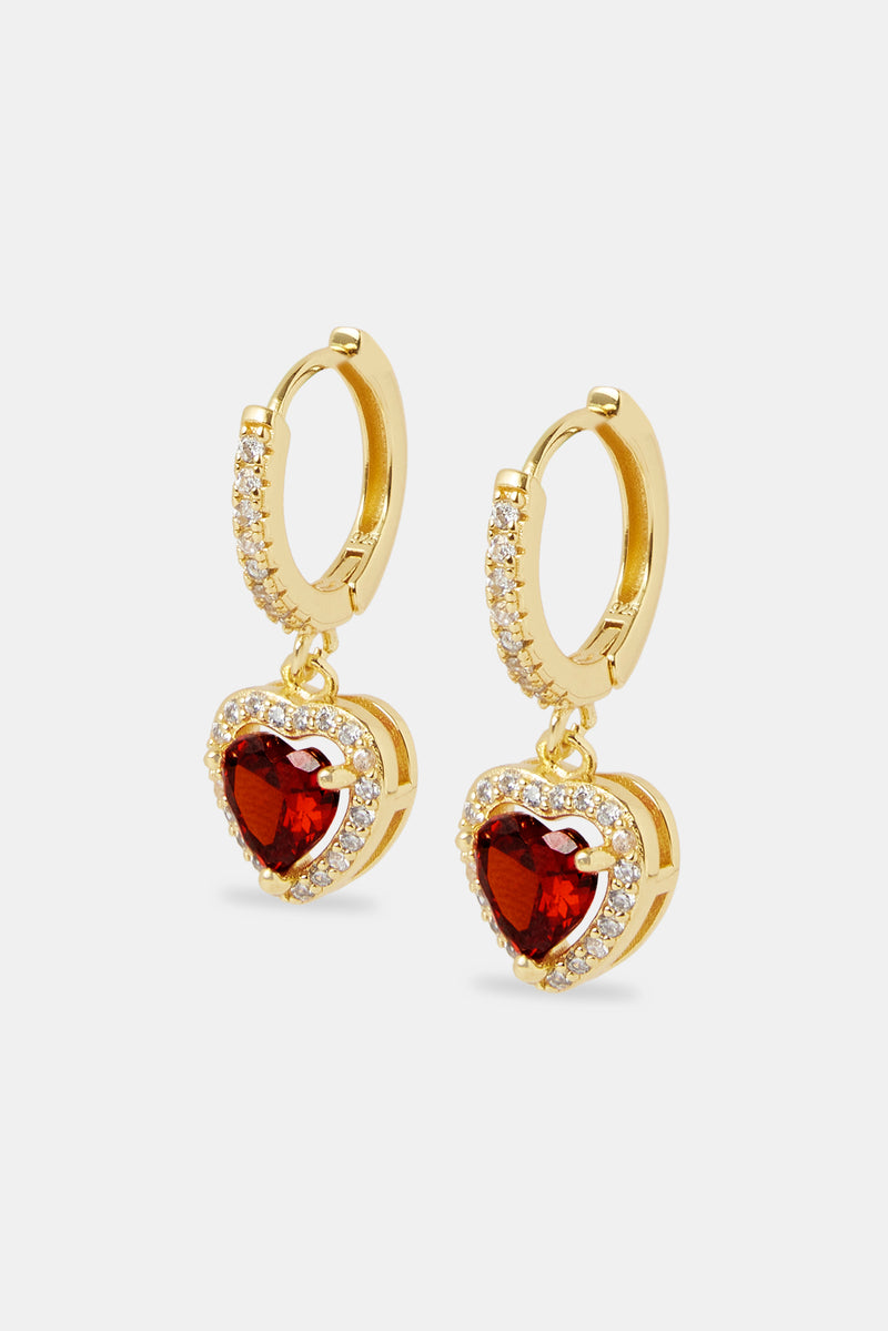 Red Heart Drop Earrings - Gold