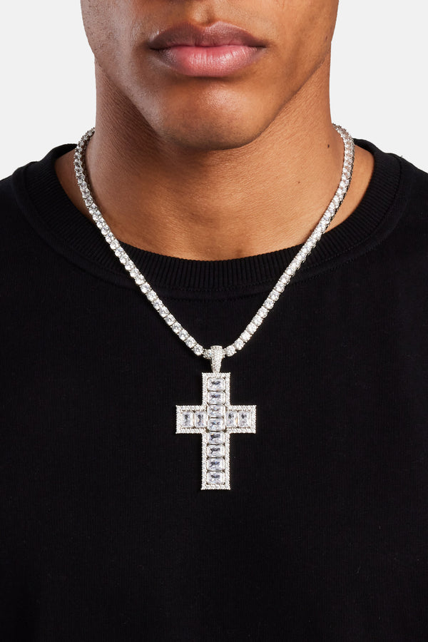 Square Baguette Cross Pendant - White