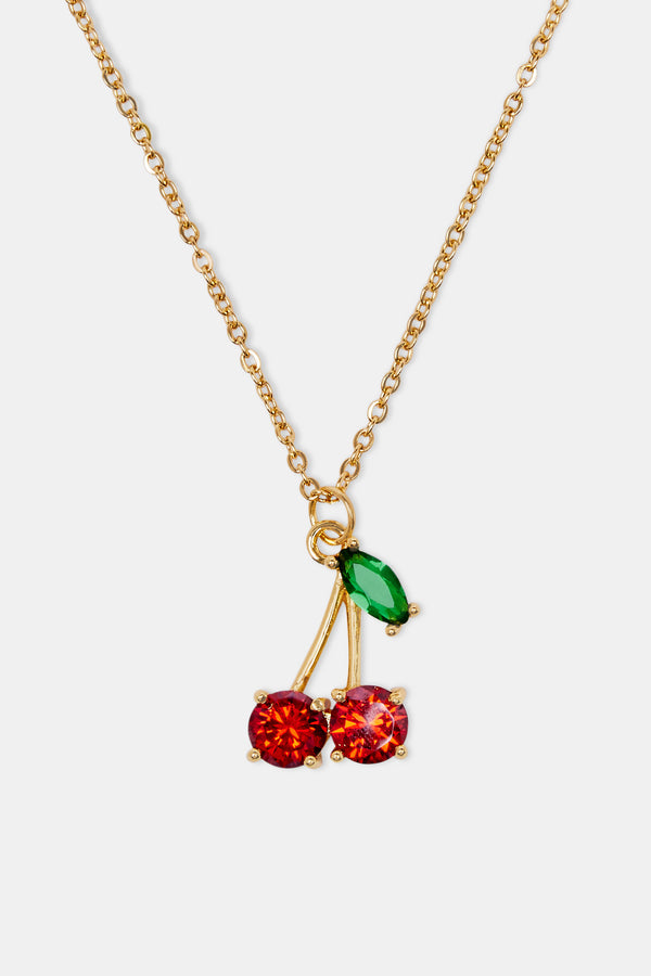 Iced CZ Cherry Necklace - Gold